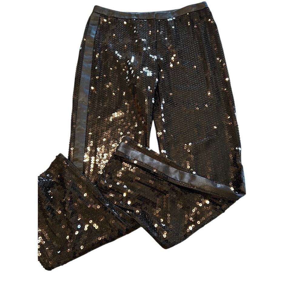 BCBG Max Azria Sequin Flare Pants Satin Side Stripe  6 Black Evening Party Disco